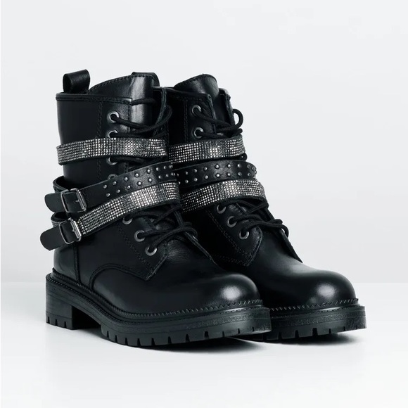 Black Studded Rhinestone Combat Moto Boot - Picture 2 of 8